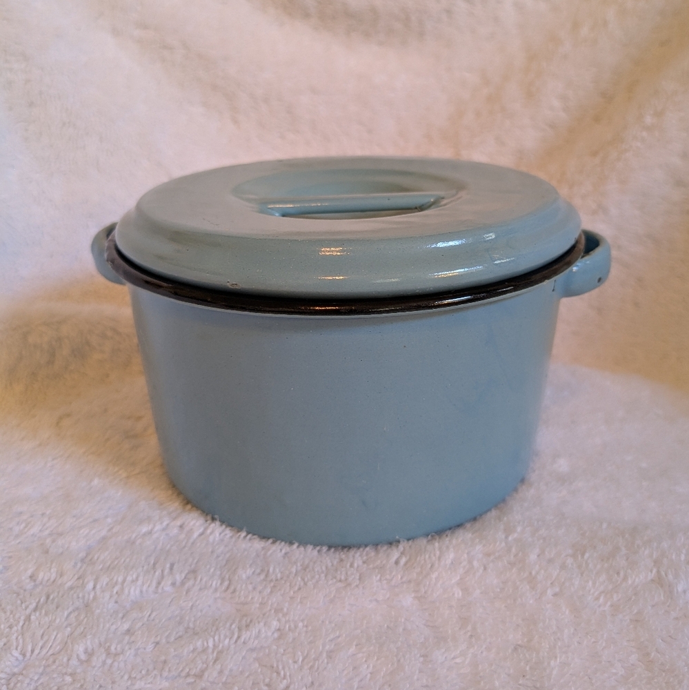 Vintage Small Enamelware Powder Blue/Black Lidded Pot Farmhouse Rustic Camping